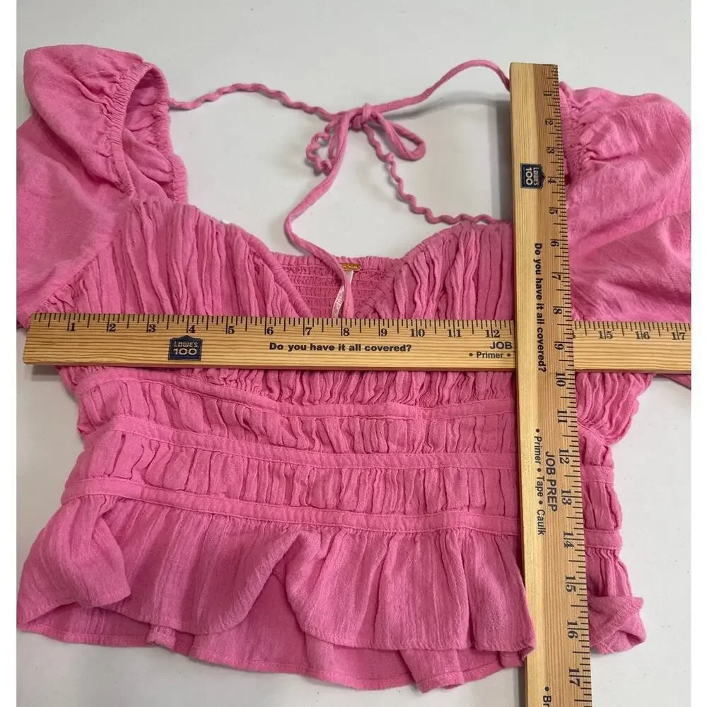 Free People Chole Cropped Top Blouse Ruffle Puffed Sleeves Smocked Pink Medium